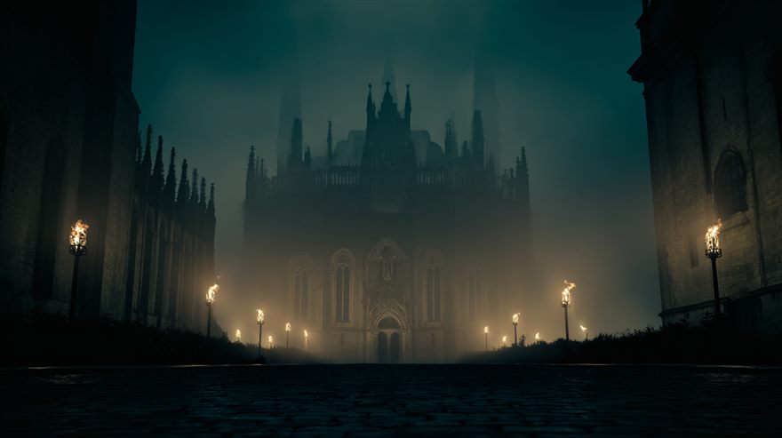 Gothic cathedral in mist