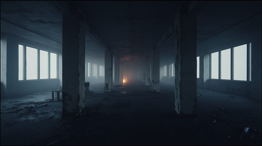 Decayed brutalist interior