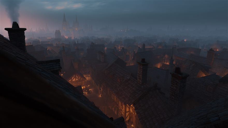 Concept art — medieval city rooftops at dusk